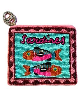 Vintage Inspired Sardines in Tin Can Coin Purse, Beaded Bag Fish Sea Life